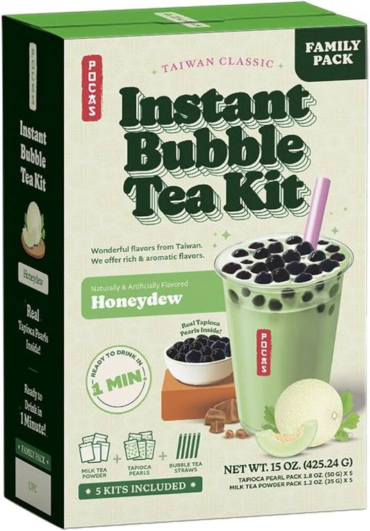 Pocas Bubble Tea Kit, Honeydew - Instant Milk Tea Powder with Authentic Tapioca Pearls for Instant Bubble Tea, 3 Kits Per Carton, 8.9 Oz